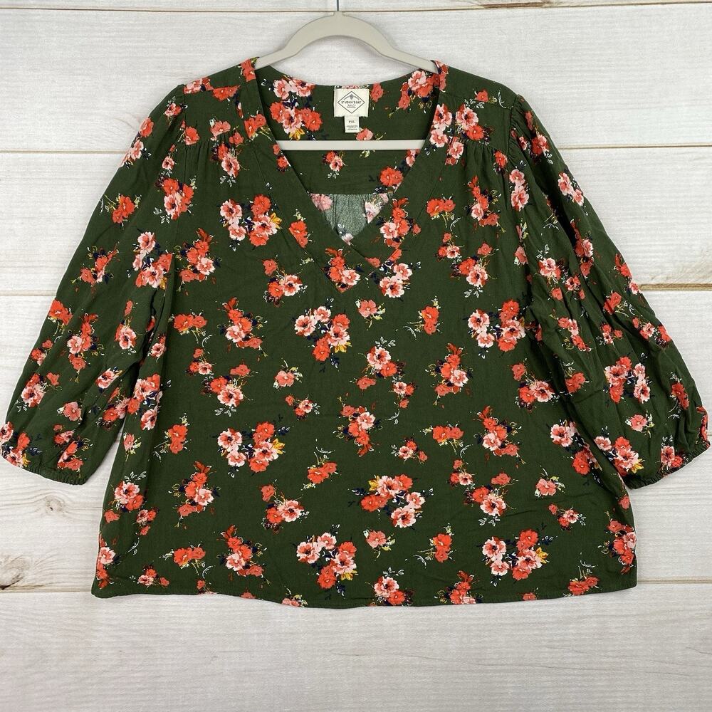 St Johns Bay Womens BOHO Blouse Top PXL Green Floral V Neck 3/4 Sleeve Y2K